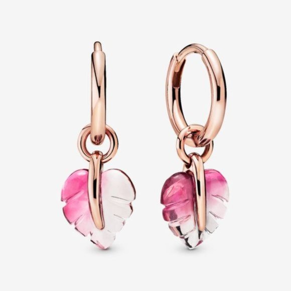 🥂Pandora Pink Murano Glass Leaf Hoop Earrings